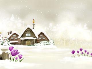 обои Сказочная деревушка лютой зимой в снегу фото