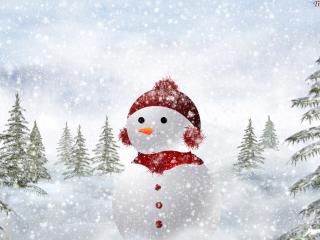 обои Весёлые снеговик в зимнем лесу фото