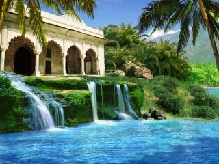 обои Водопад, дворец и пальмы фото