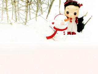 обои Маленькая куколка со снеговиком фото