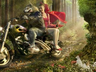 обои Волк с красной шапочкой на мотоцикле фото