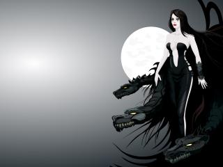 обои Девушка в черном с драконами при свете луны фото