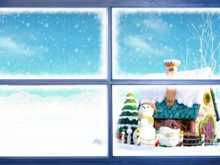 обои Снеговик за окном фото