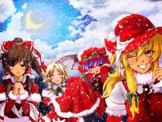 обои Четыре засыпанных снегом Анимэ встречающие Рождество фото