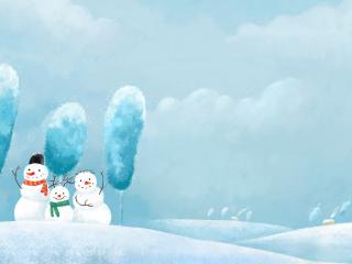 обои Три красивых небольших снеговика на снегу фото