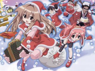 обои Пять анимэшек бегущих всех поздравлять с Рождеством фото