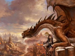 обои Рыцарь-всадник и дракон рассматривают город фото