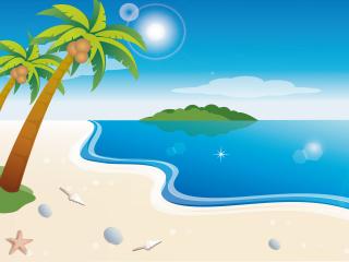 обои Яркое небо,  насыщенное голубое море и кокосовые пальмы - нарисованный теплый рай фото
