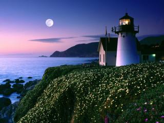 обои Moon Rise Over Point Montara Lighthouse,  California фото