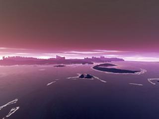 обои Фиолетовый закат над городом и побережьем фото