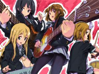 обои K-On! - Девушки с гитарами,   с барабанами и клавишами фото
