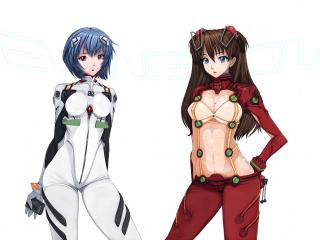 обои Evangelion - Аянами и Аска в костюмах пилотов на белом фоне фото