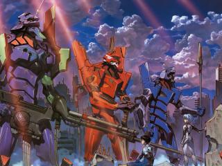 обои Evangelion - Три евы и пилоты на фоне разрушенного города фото
