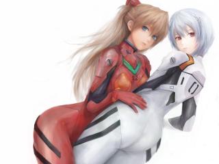 обои Evangelion - Аска вблизи Рей обнимаются на белом фоне фото