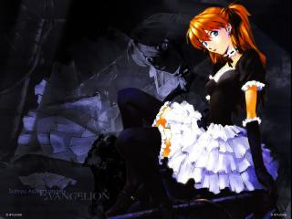 обои Evangelion - Asuka черно-белом платье на темном фоне фото