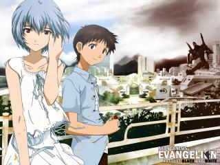 обои Evangelion - Рей и Синдзи на фоне города фото
