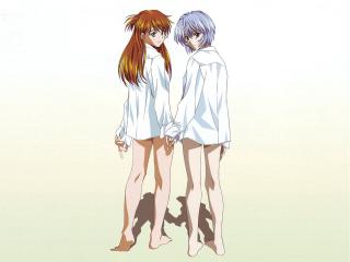 обои Evangelion - Аска и Рей в рубашках держатся за руки фото