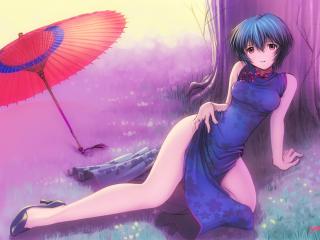 обои Evangelion - Рей под деревом с красным зонтом фото