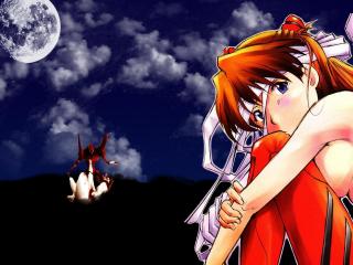 обои Evangelion - Сидящая Аска на фоне неба с луной фото