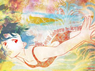 обои Evangelion - Рей плавает в разноцветных цветах фото