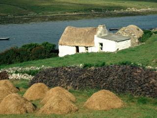 обои Фермерский домик с соломенной крышей у реки фото