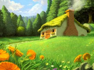 обои Нарисованный домик с крышей из травы и дымком из трубы фото