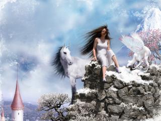 обои Девушка и белый конь фото