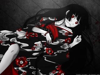 обои Hell Girl - Девушка в черном кимоно с цветками фото