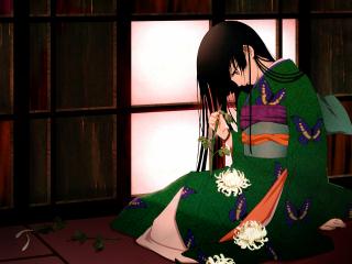 обои Hell Girl - Девушка в зеленом кимоно с бабочками фото