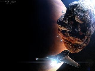 обои Космические корабли облетают большой метеорит. 3D фото