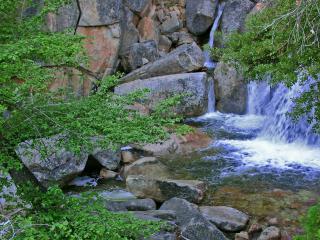 обои Маленький лесной водопад среди камней фото