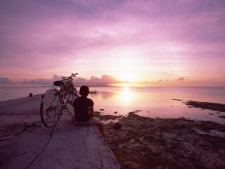 обои Счастливое детство - мальик с велосипедом и розовое небо фото