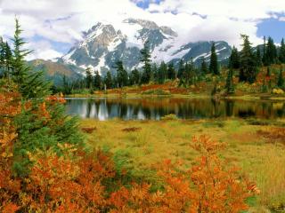 обои Осенний пейзаж на берегу озера и вблизи гор фото