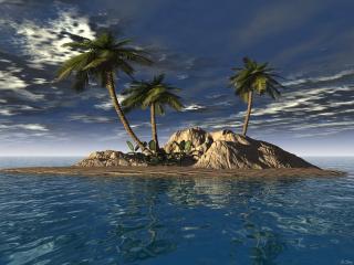 обои Три пальмы на островке в океане фото