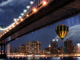 обои Мост в ночных огнях и воздушный шар фото
