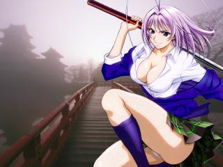 обои Натсуми с мечем на деревяном мостике фото