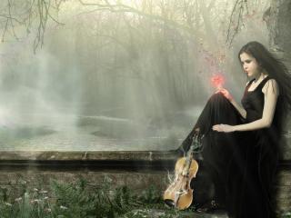 обои Юная скрипачка в осеннем парке фото