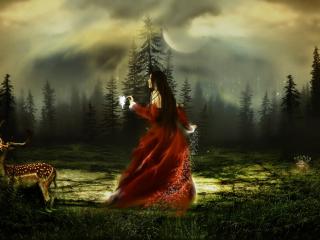 обои Повелительница леса в бордовом платье фото