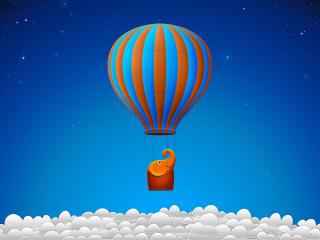 обои Оранжевый слон в полосатом воздушном шаре взмывает в небо фото