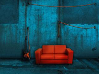обои Красный диван и синяя стена фото