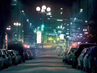 обои Улица ночной город автомобили,   фонари фото