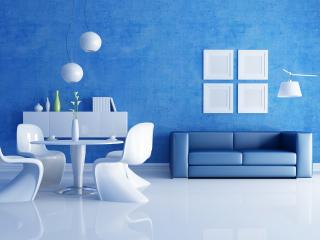 обои для рабочего стола: Интерьер гостиной в бело голубых тонах