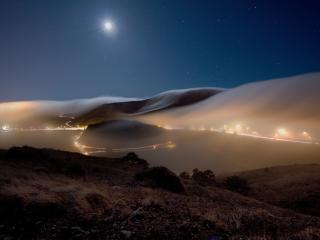 обои Ночь,   туман,   луна,   огни фото