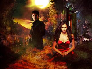 обои Дневники вампира Елена и Деймон фото