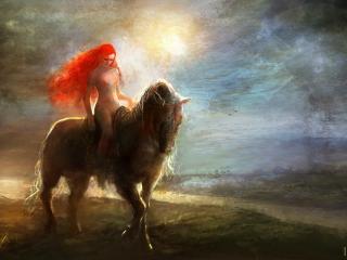 обои Рыжеволосая обнаженная девушка на лошади фото