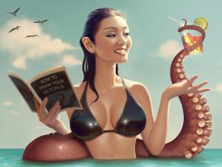 обои Девушка с книгой в воде и щупальца осьминога фото