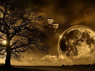 обои Большое дерево,   огромная Луна,   два воздушных шара фото