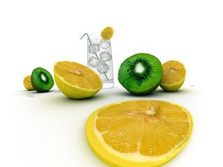 обои Дольки лимона и киви со стаканом воды фото