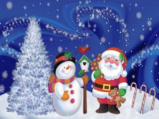 обои Дед Мороз с подарками и веселый снеговик фото