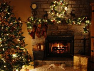 обои Новогодняя елка,   спящий кот и подарок у камина фото